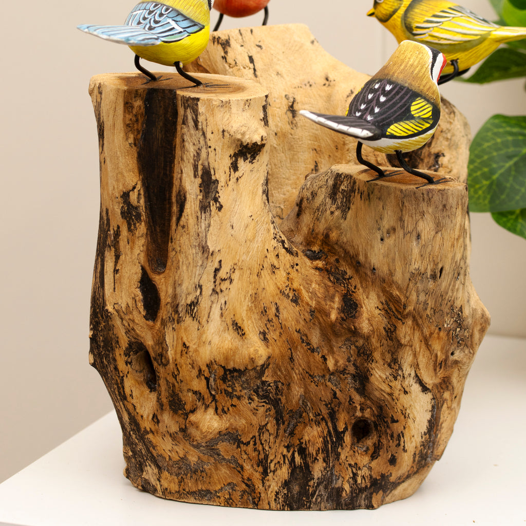4 Hand Carved Birds On Driftwood Sculpture