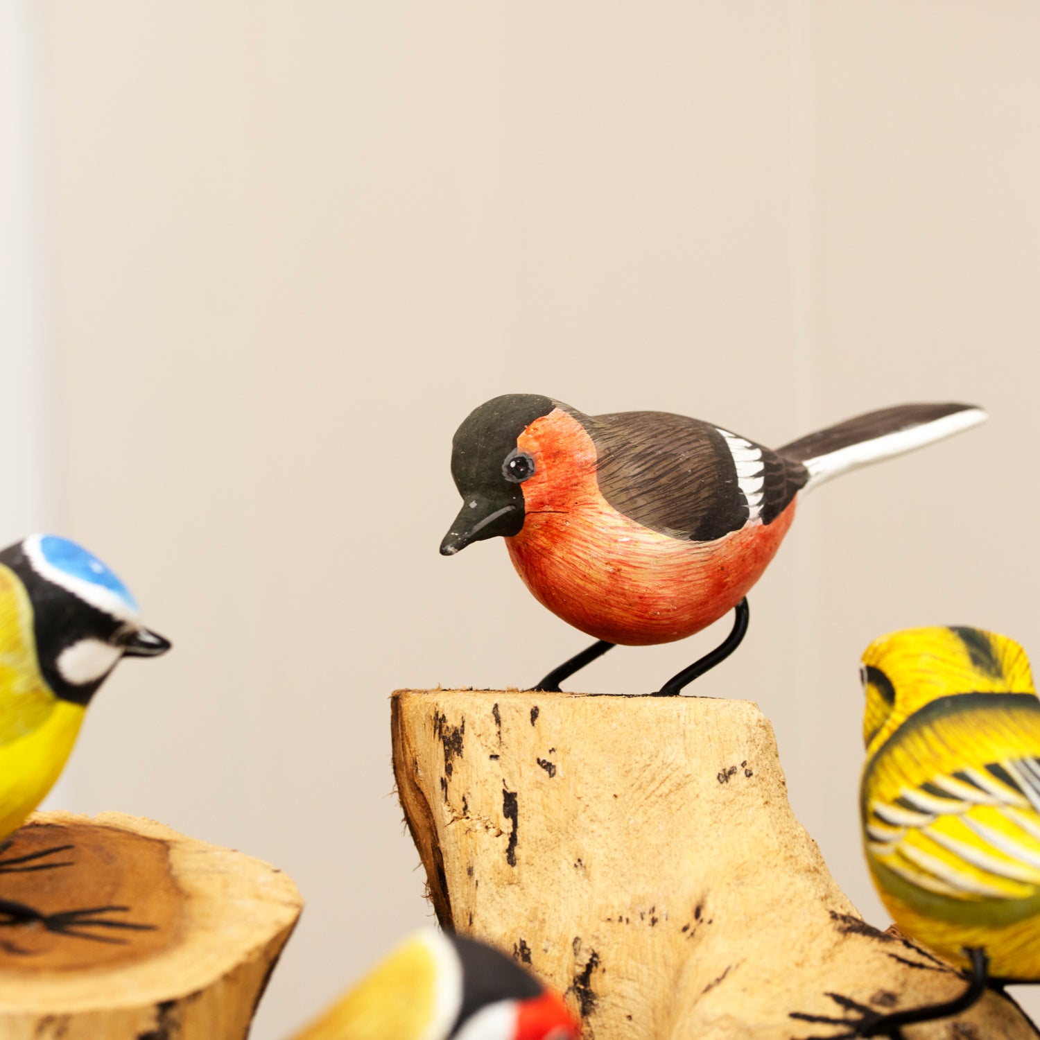 4 Hand Carved Birds On Driftwood Sculpture