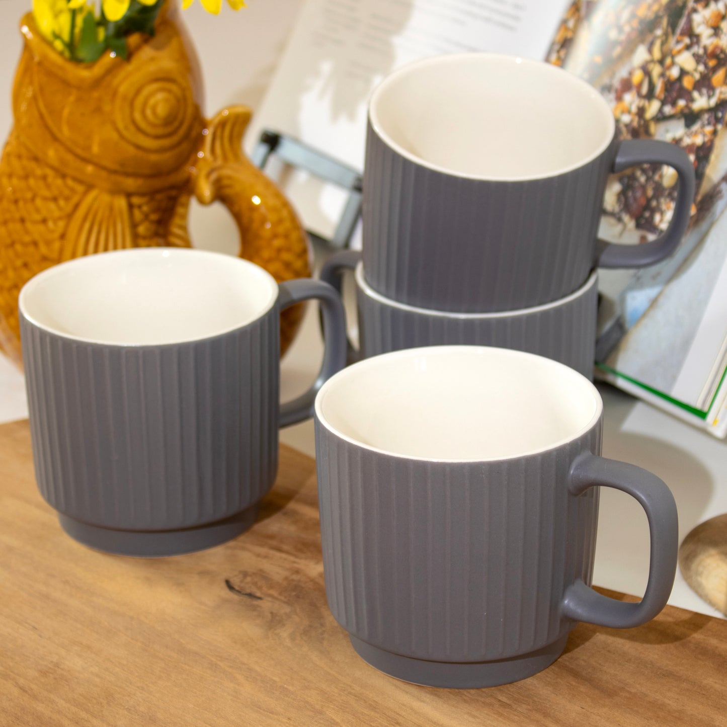 Set of 4 Grey Ribbed Stacking Mugs