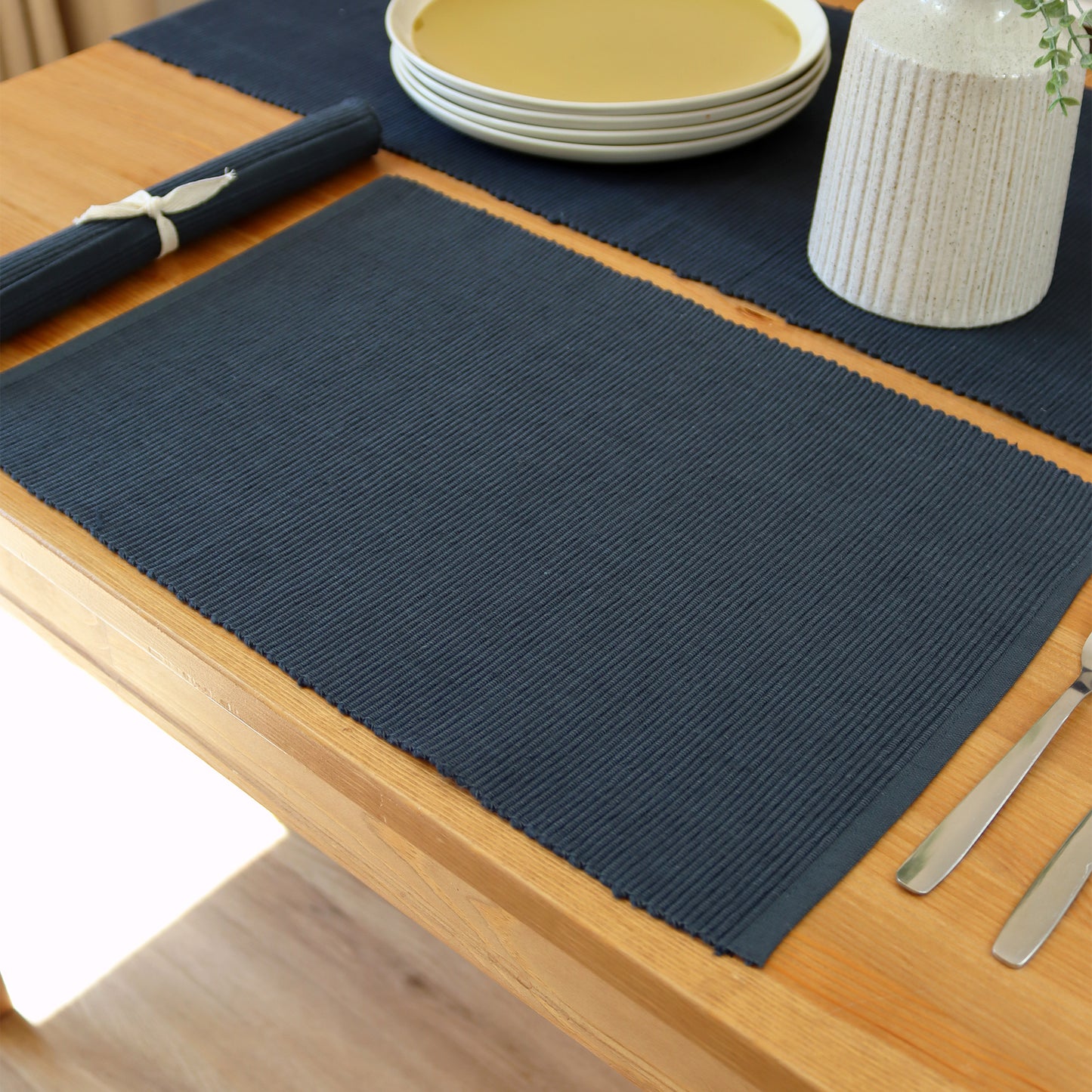 Navy Ribbed Cotton Placemats Set Of 4