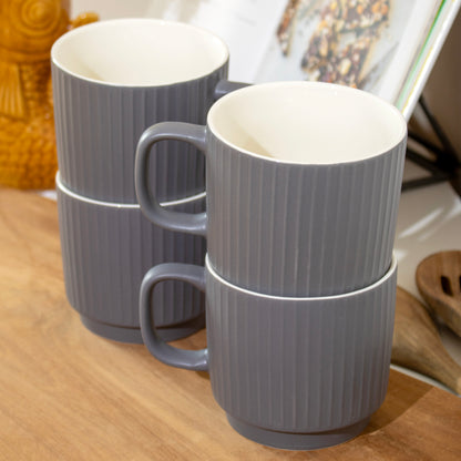 Set of 4 Grey Ribbed Stacking Mugs