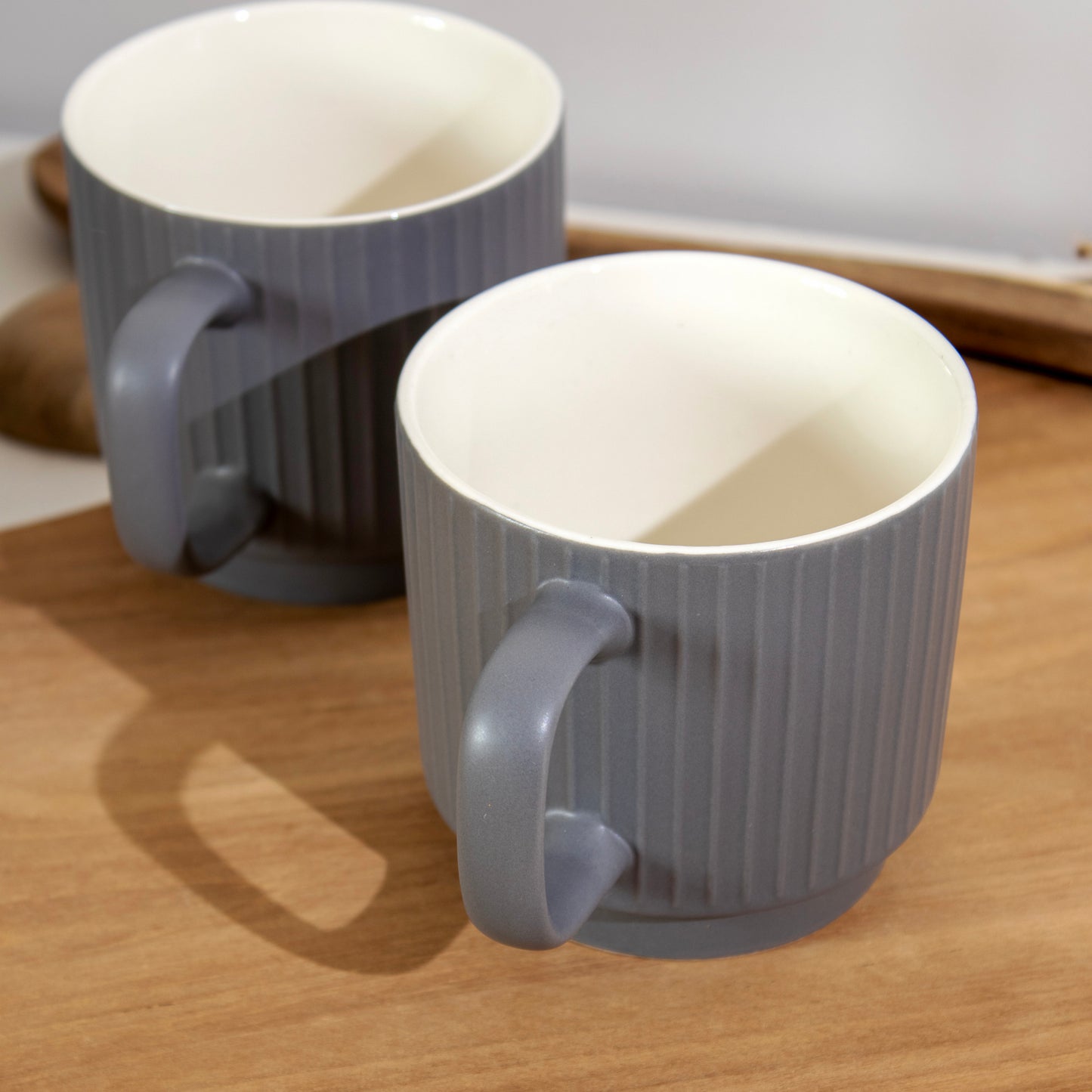 Set of 4 Grey Ribbed Stacking Mugs