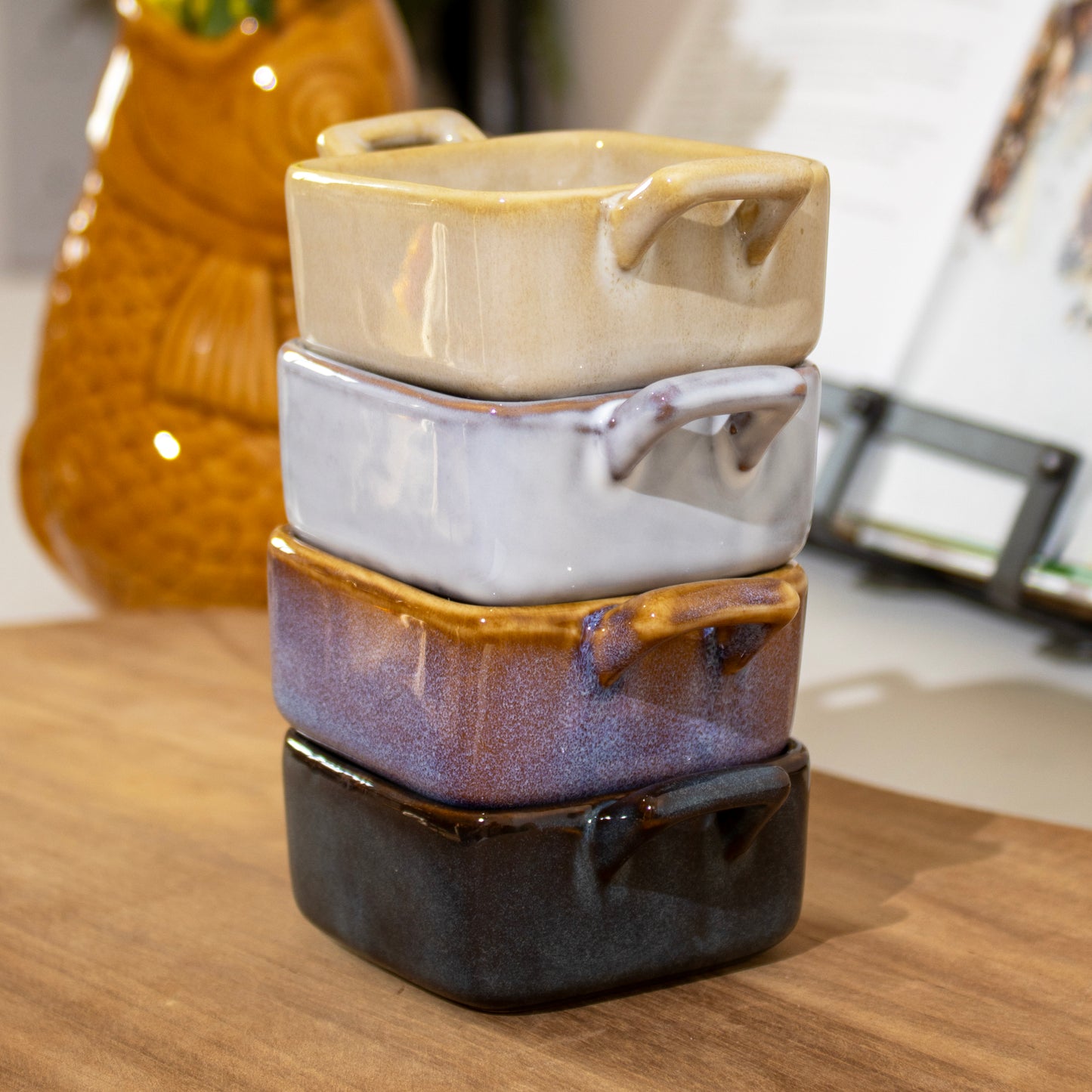 Set Of 4 Dark Mix Reactive Glaze Square Ramekins