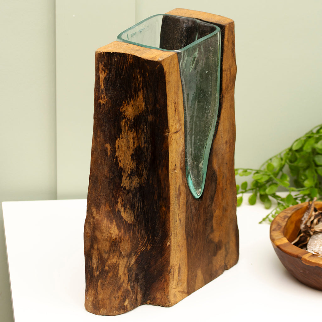 Teak Root & Recycled Molten Lava Glass Vase