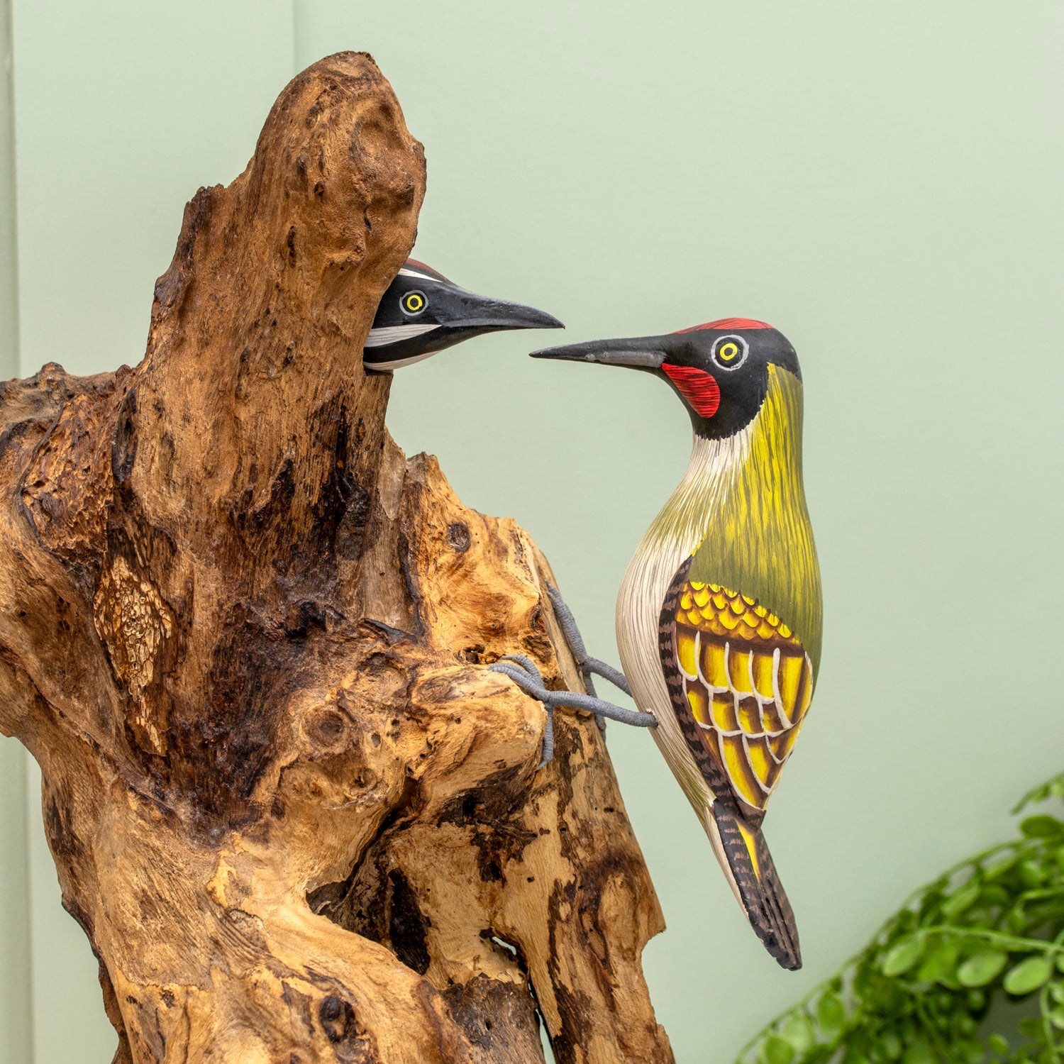 Teak Root Feeding Woodpeckers Sculpture