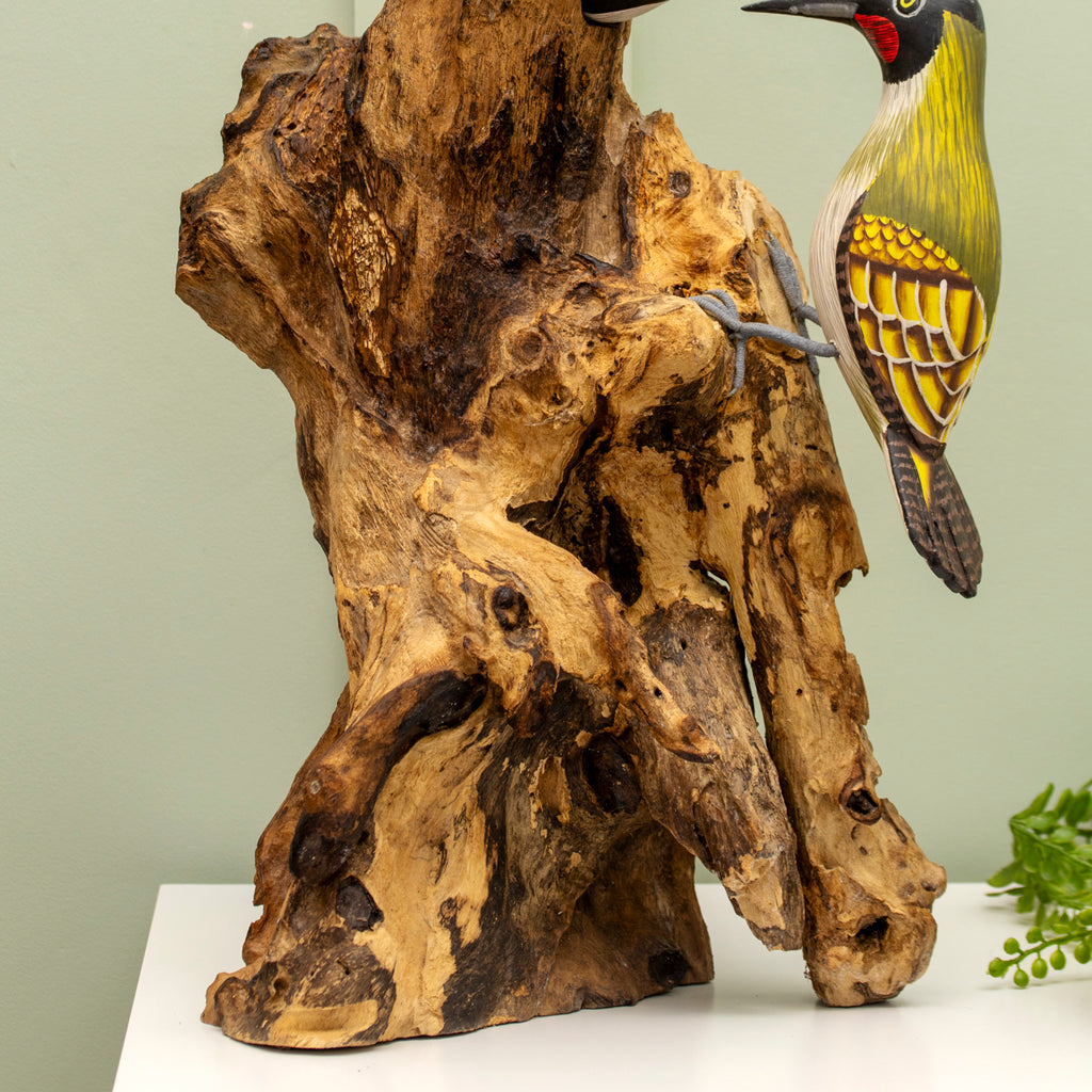 Teak Root Feeding Woodpeckers Sculpture