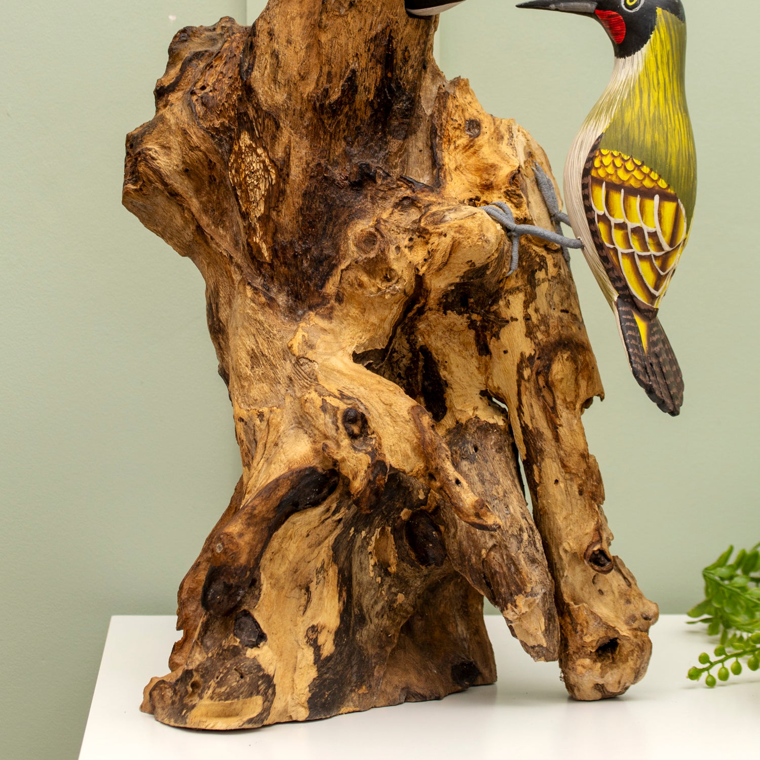 Teak Root Feeding Woodpeckers Sculpture