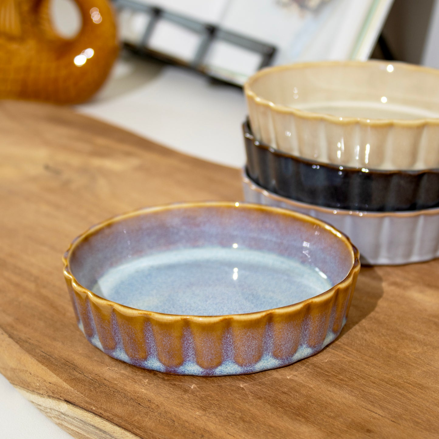 Set Of 4 Dark Mix Reactive Glaze Round Oven Dishes