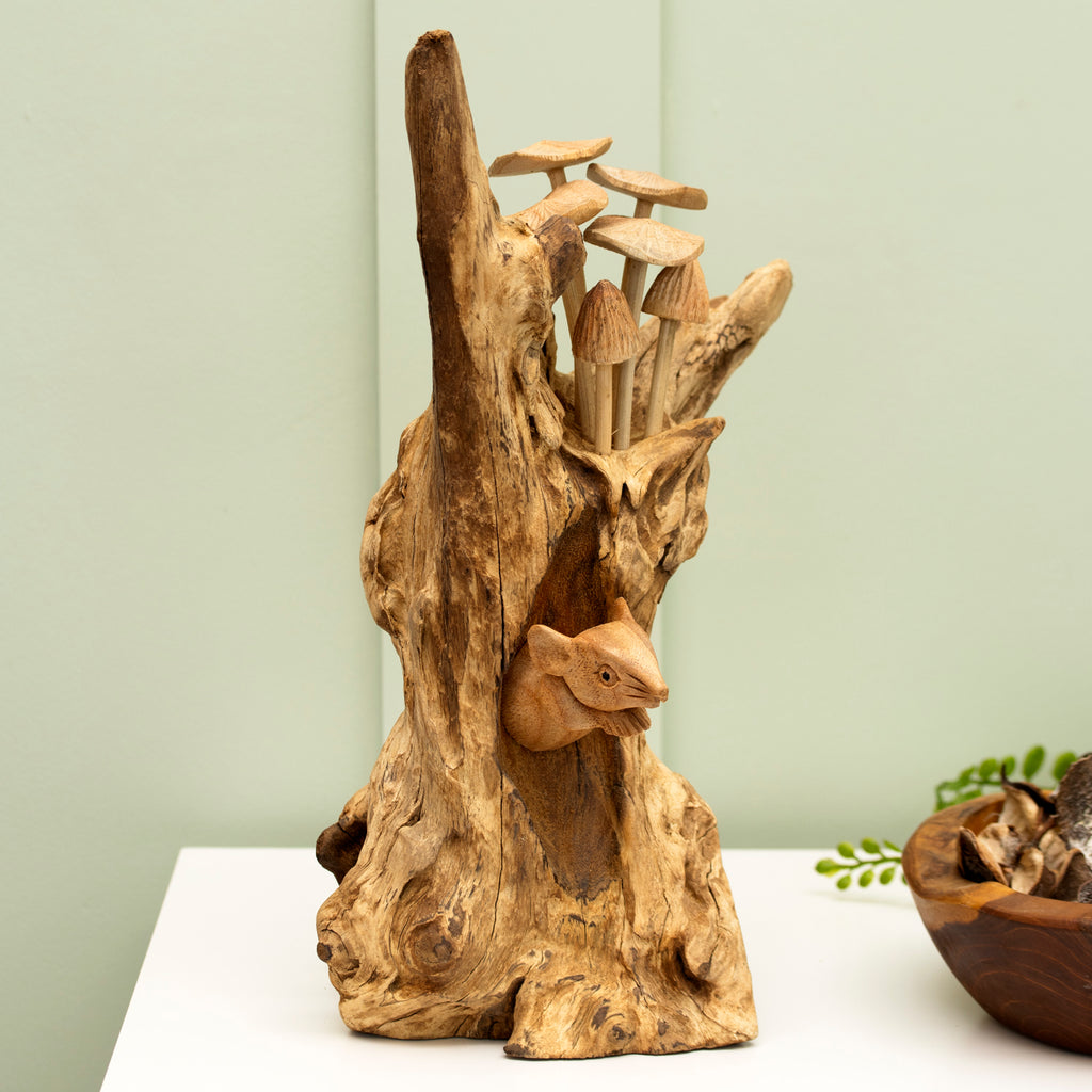 Teak Root Mouse Hiding In The Mushrooms Sculpture