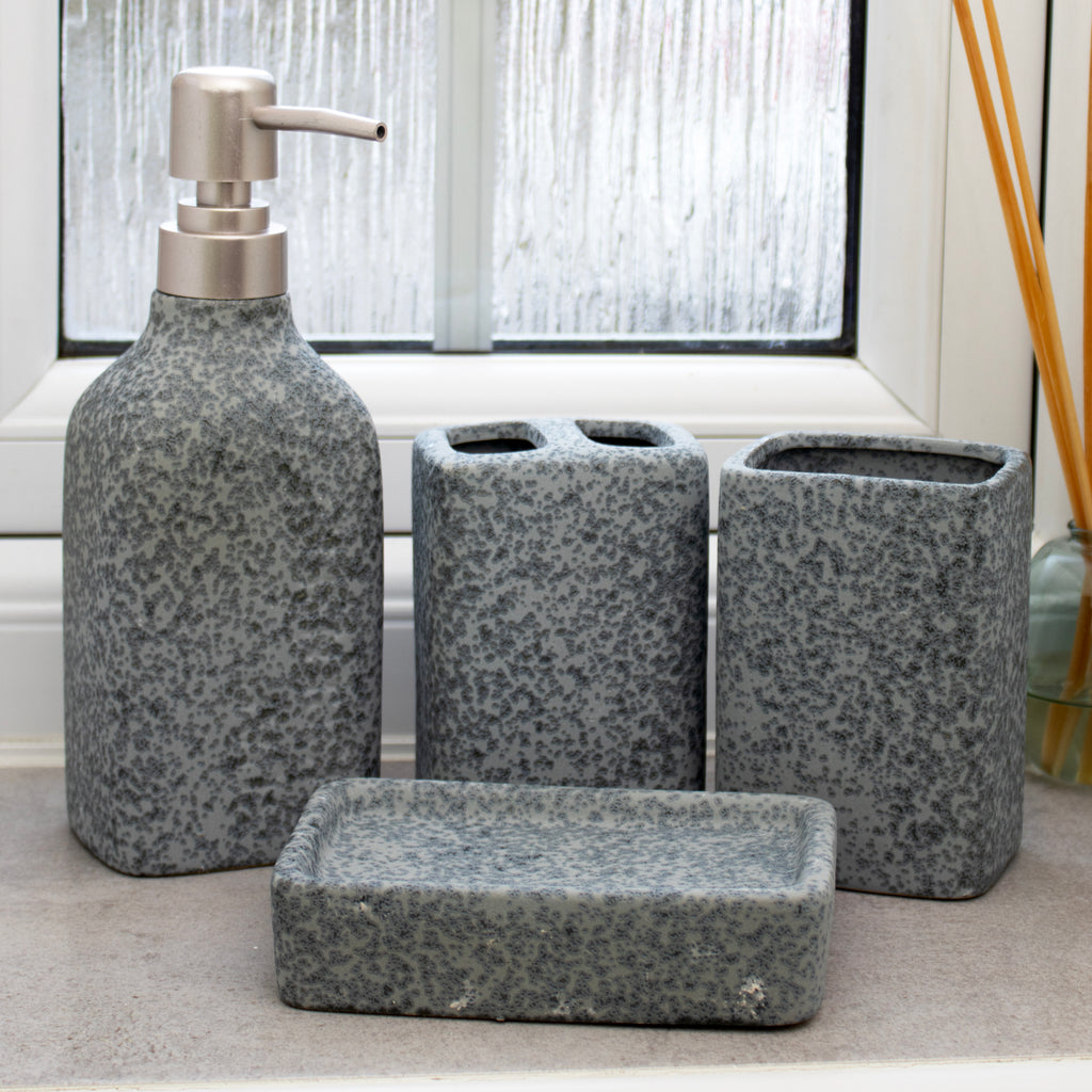Set Of 4 Cement Look Stoneware Bathroom Accessories