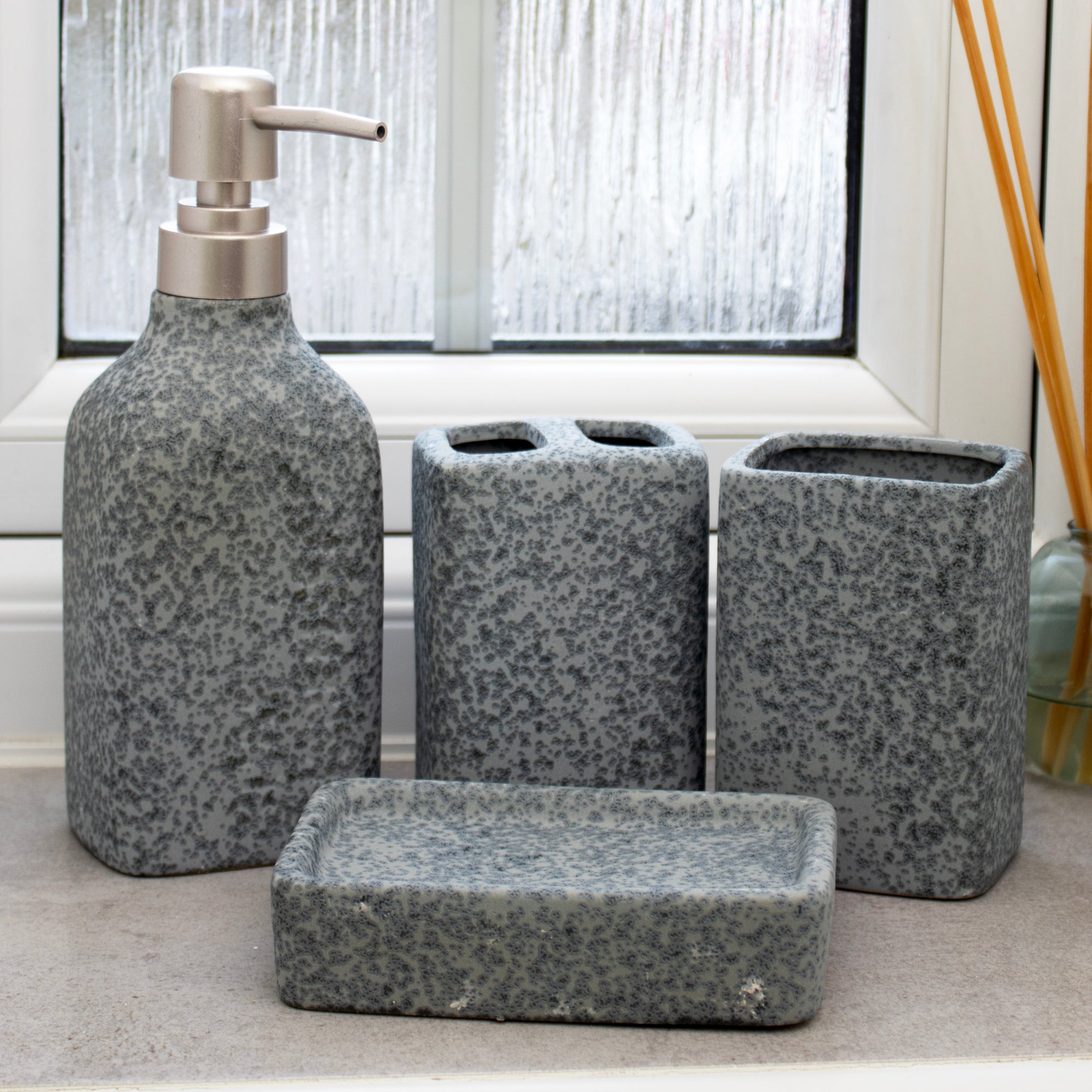 Set Of 4 Cement Look Stoneware Bathroom Accessories