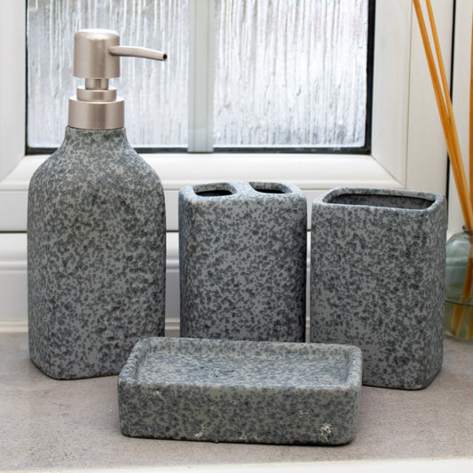 Set Of 4 Cement Look Stoneware Bathroom Accessories