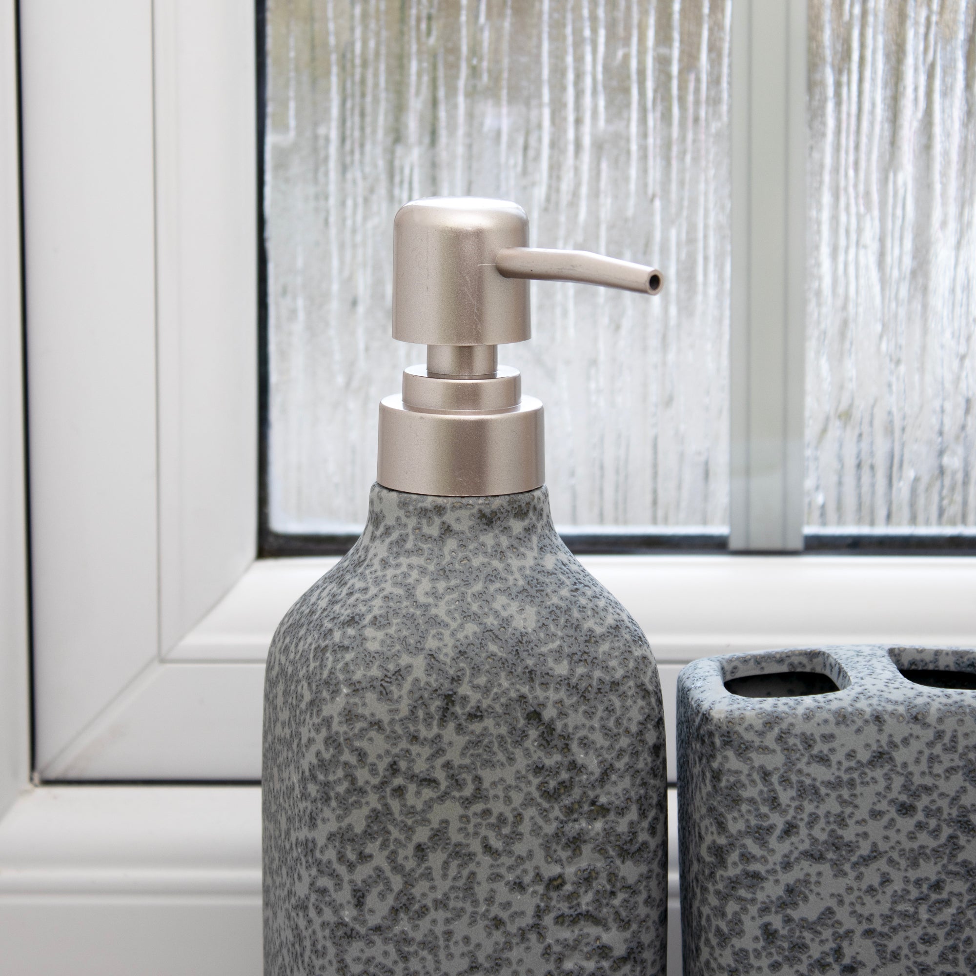 Set Of 4 Cement Look Stoneware Bathroom Accessories