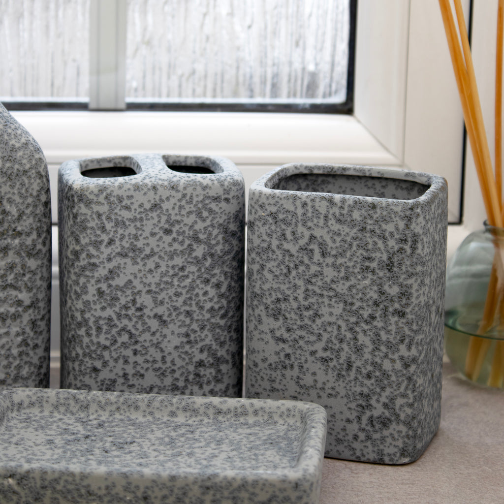 Set Of 4 Cement Look Stoneware Bathroom Accessories