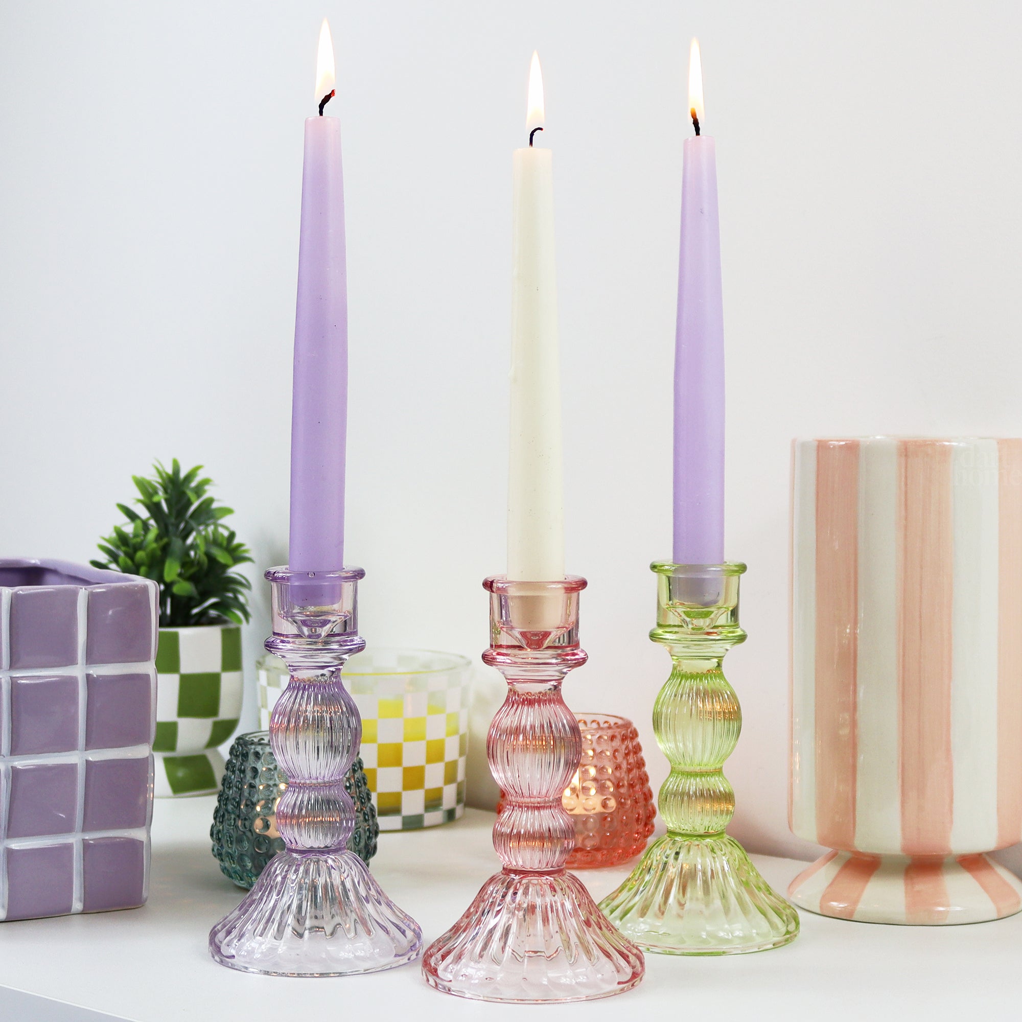 Coloured Ribbed Glass Candlestick Holder Set Of 3