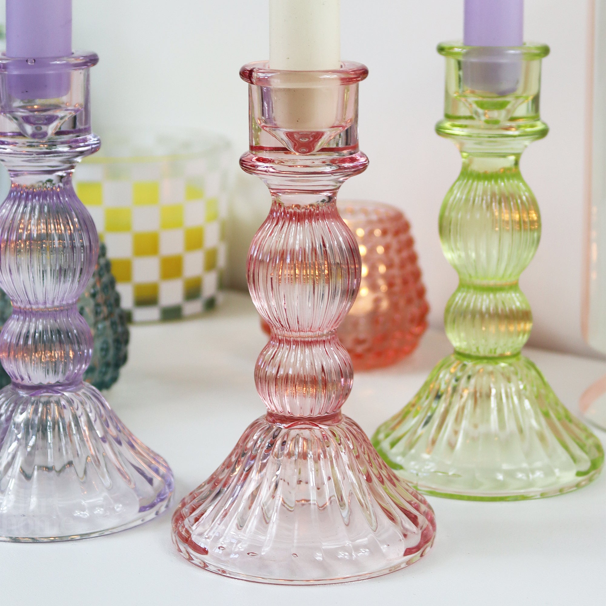 Coloured Ribbed Glass Candlestick Holder Set Of 3