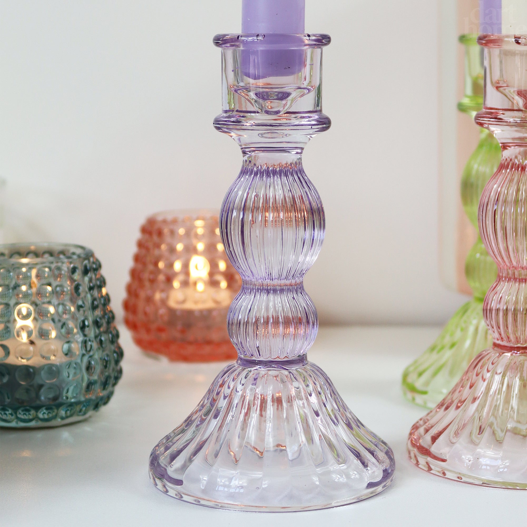 Coloured Ribbed Glass Candlestick Holder Set Of 3