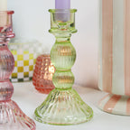 Coloured Ribbed Glass Candlestick Holder Set Of 3