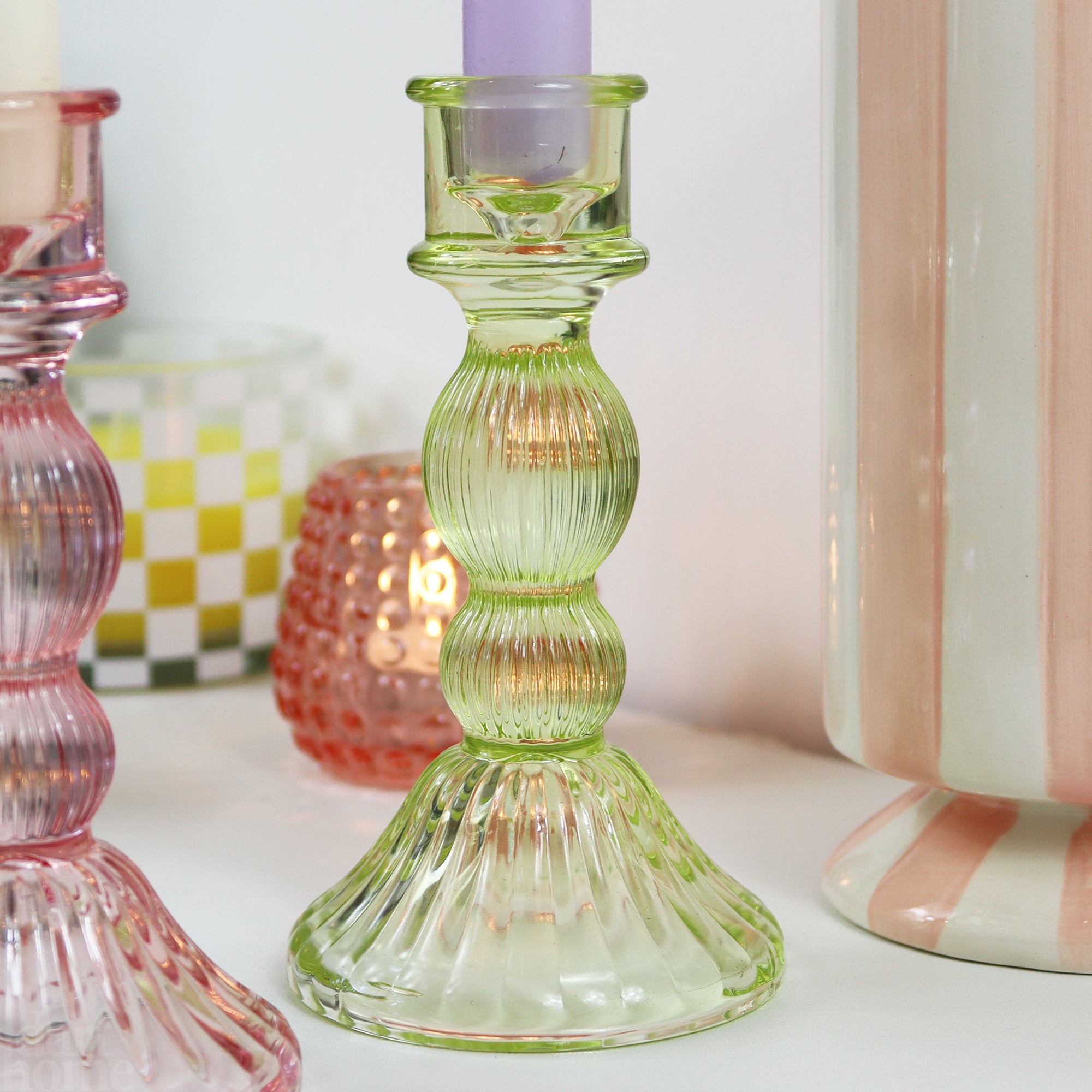 Coloured Ribbed Glass Candlestick Holder Set Of 3