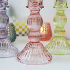 Coloured Ribbed Glass Candlestick Holder Set Of 3