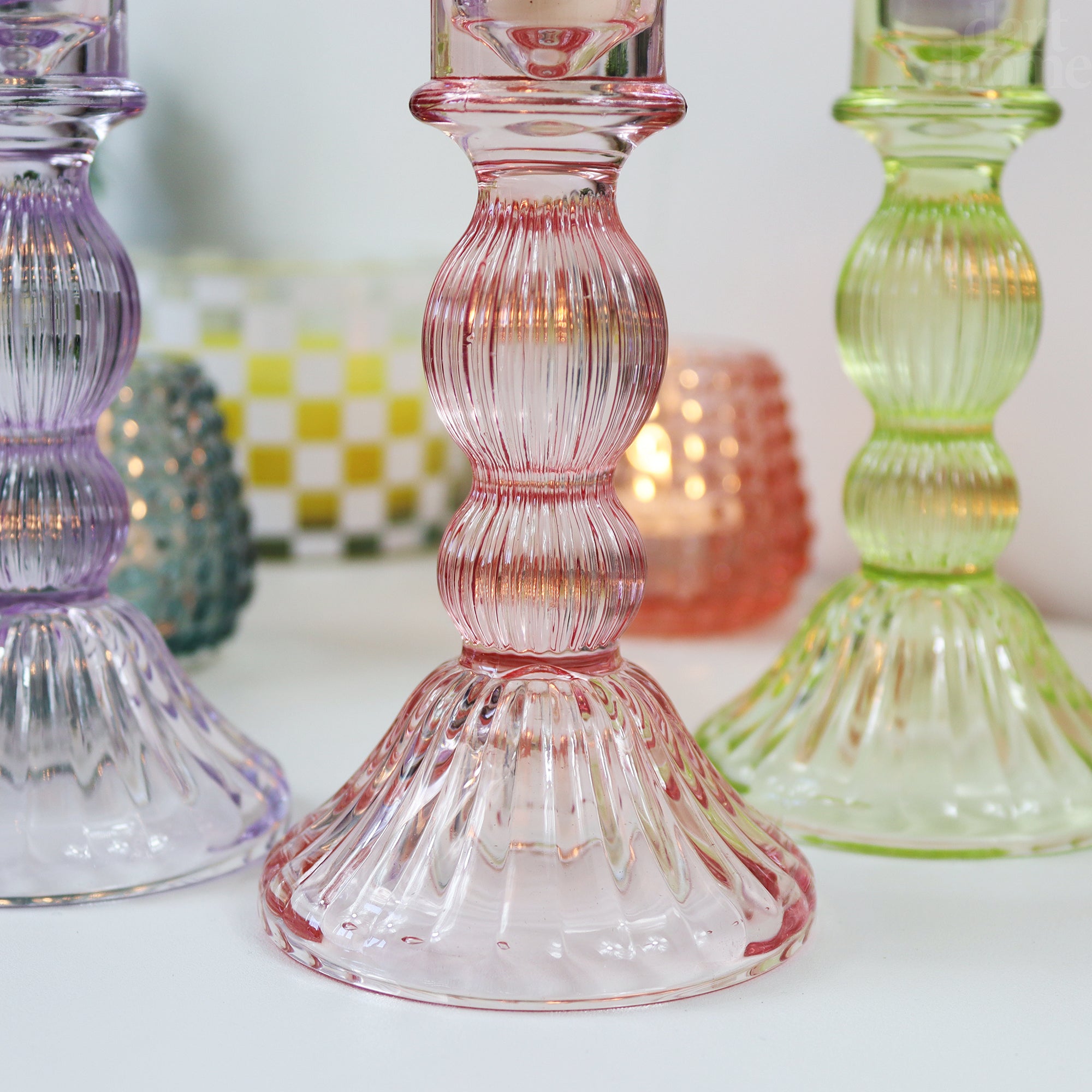Coloured Ribbed Glass Candlestick Holder Set Of 3