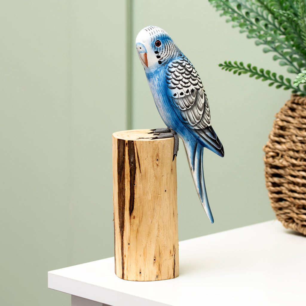 Blue Budgie On Teak Root Perch Ornament