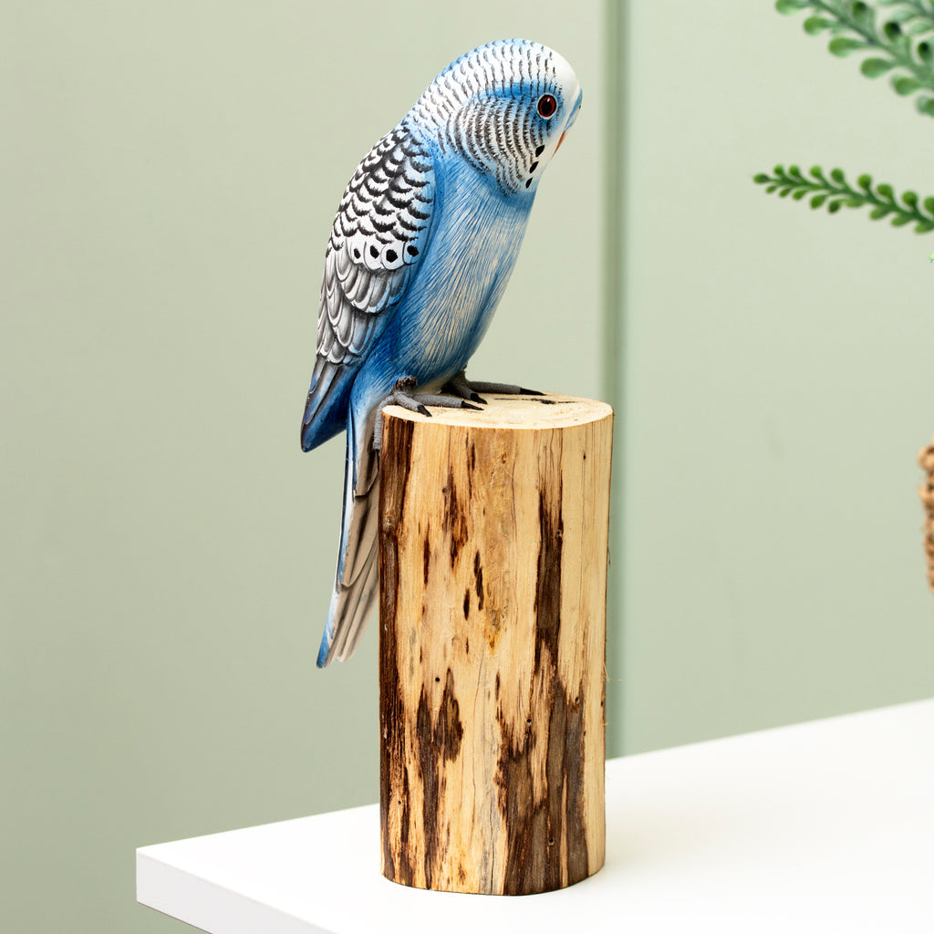 Blue Budgie On Teak Root Perch Ornament