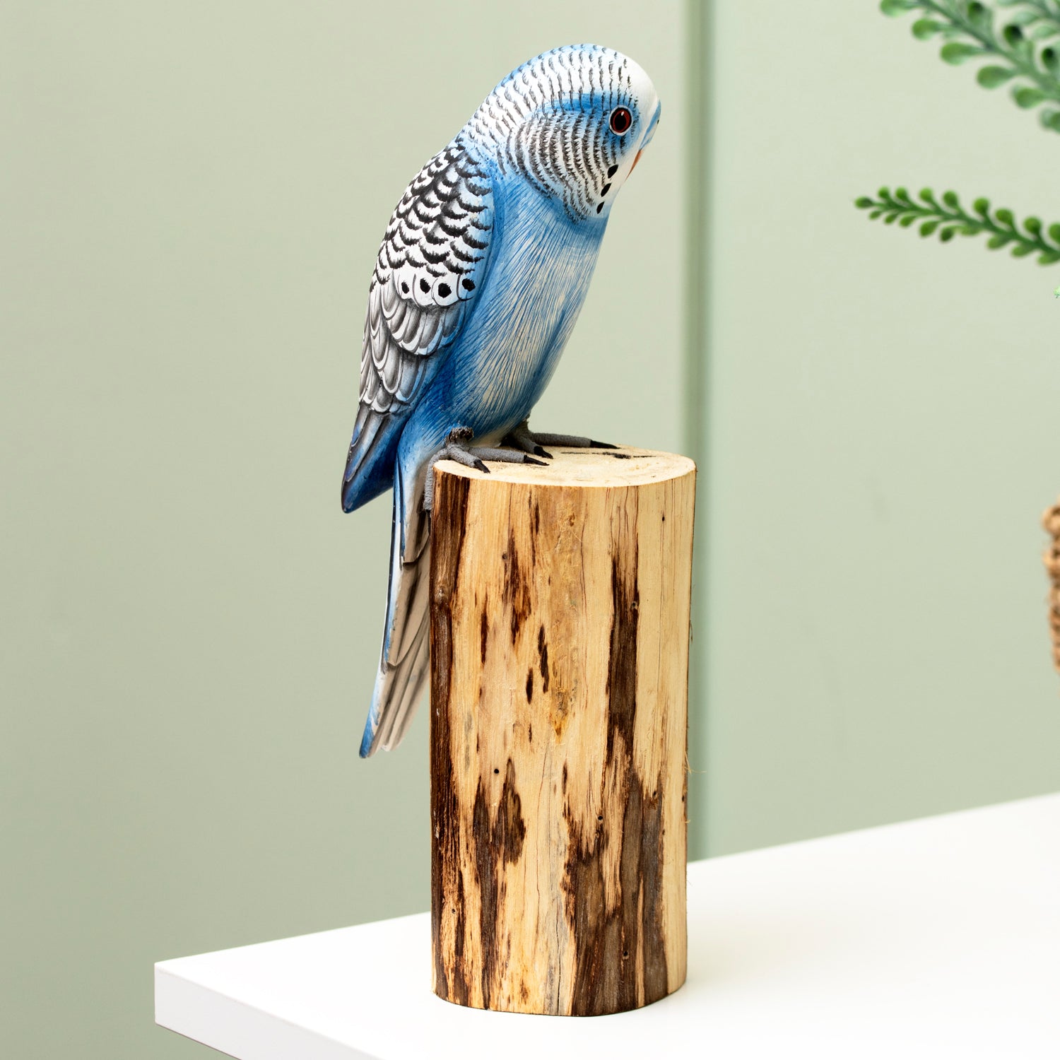 Blue Budgie On Teak Root Perch Ornament