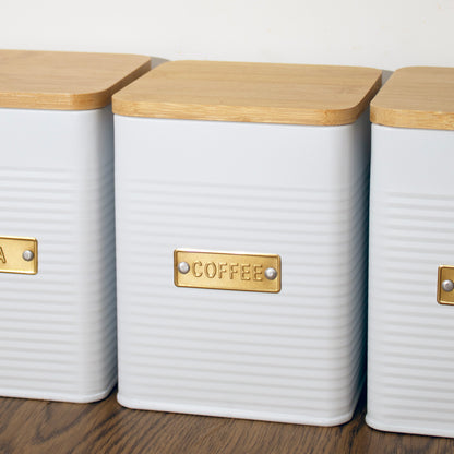 White And Gold Ribbed Tea Coffee Sugar Canisters