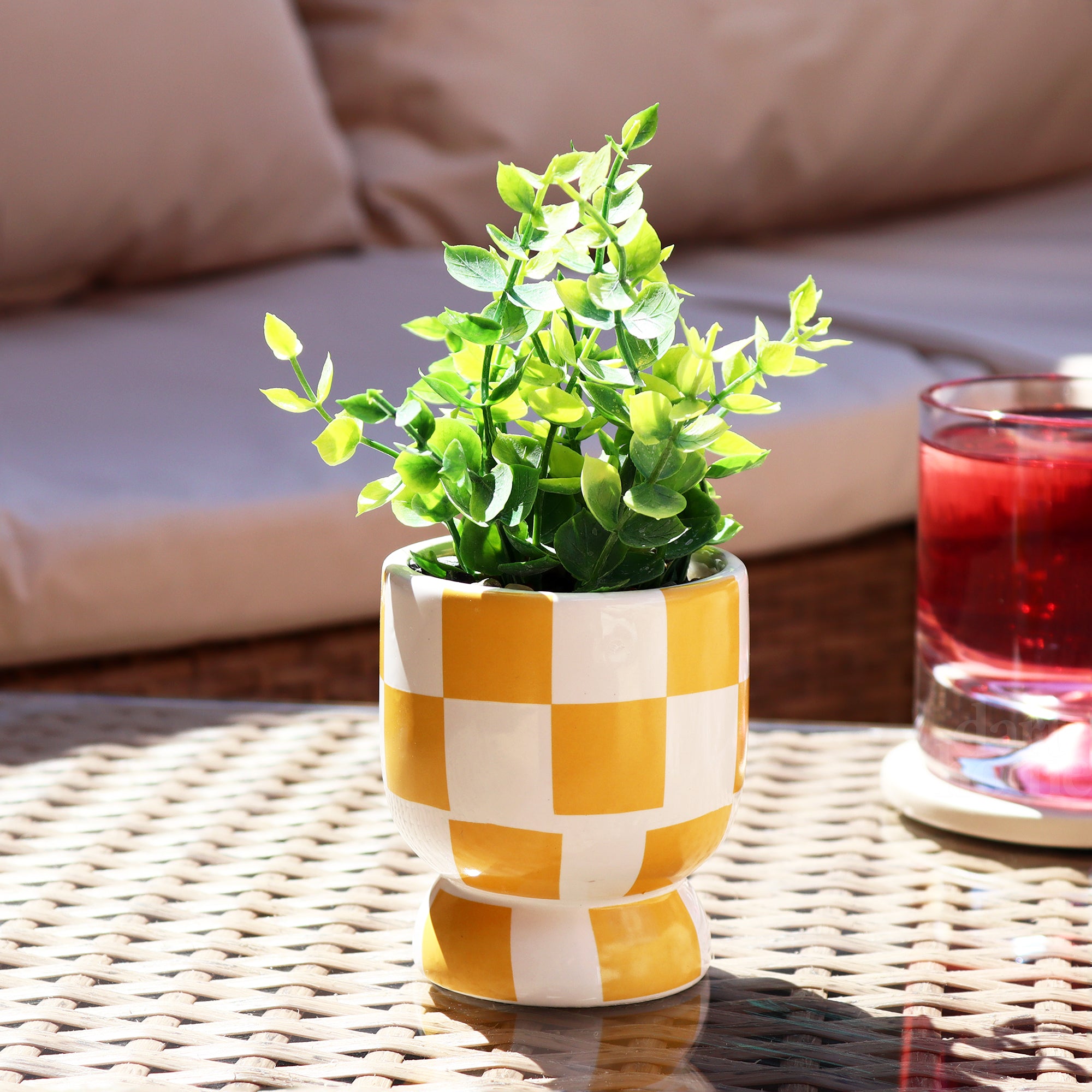 Artificial Oregano Plant In Yellow Checked Pot