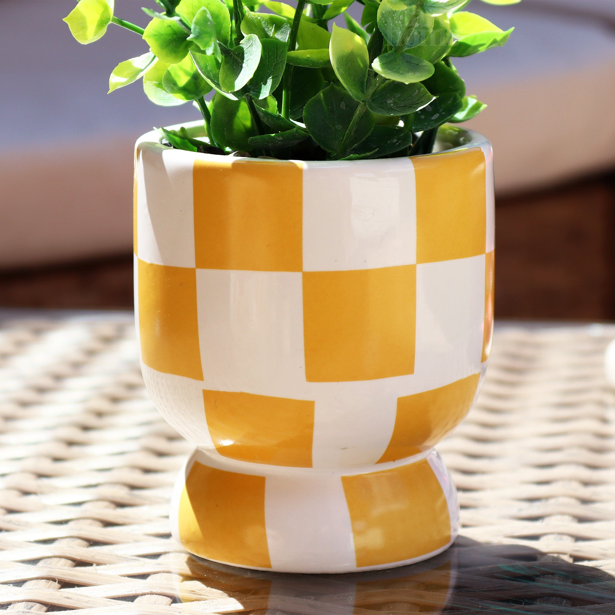 Artificial Oregano Plant In Yellow Checked Pot