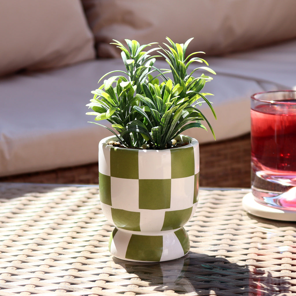 Artificial Rosemary Plant In Green Checked Pot