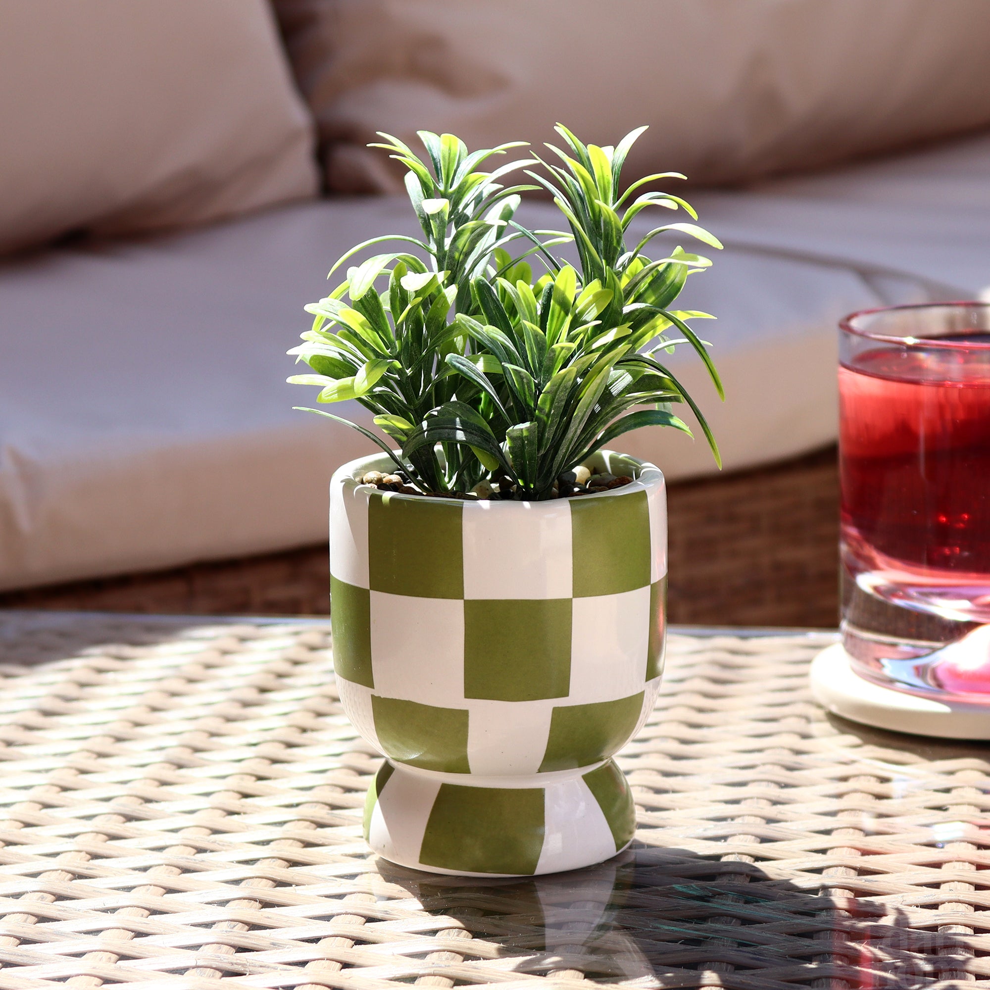 Artificial Rosemary Plant In Green Checked Pot