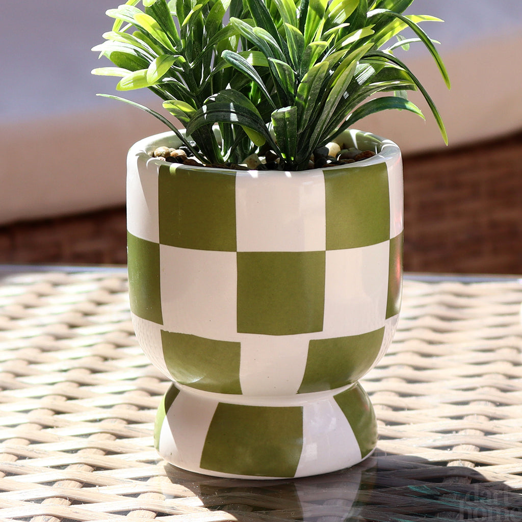 Artificial Rosemary Plant In Green Checked Pot