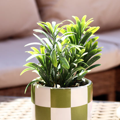 Artificial Rosemary Plant In Green Checked Pot