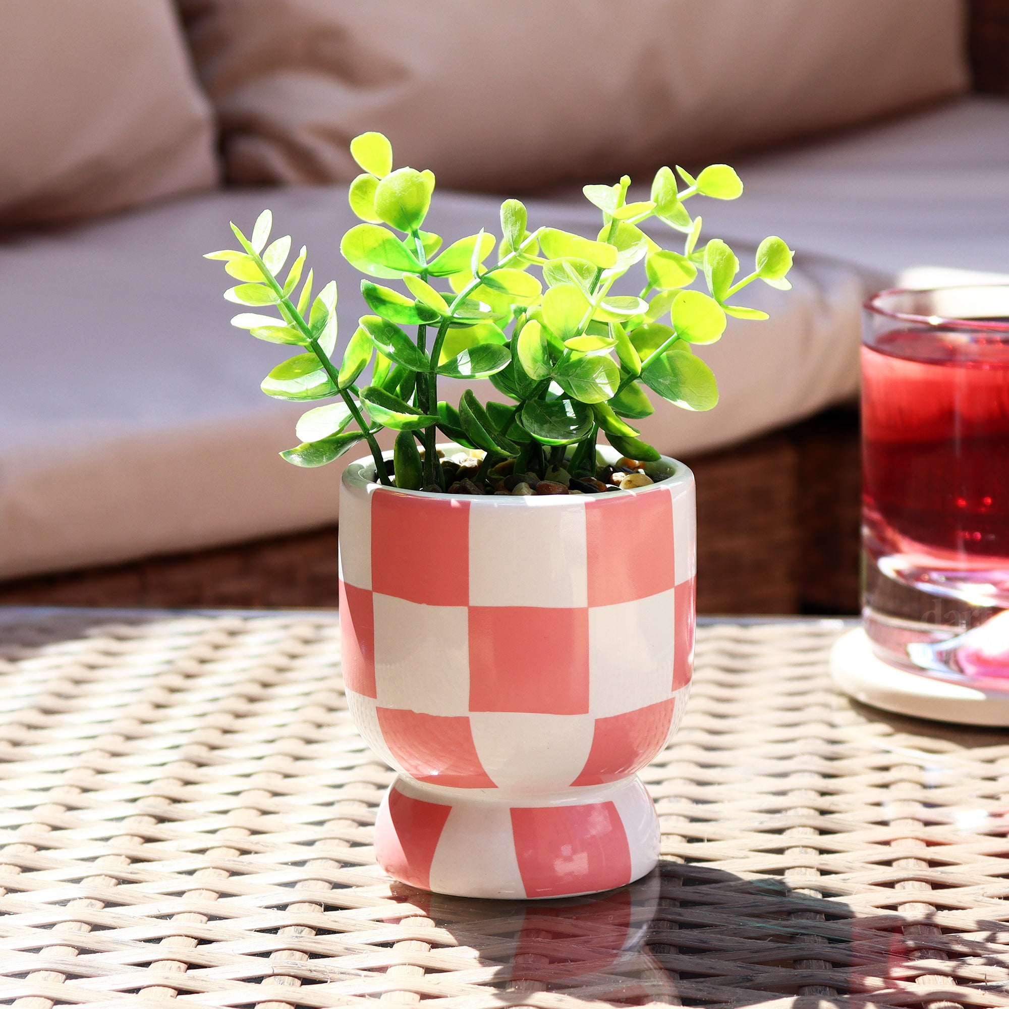 Artificial Eucalyptus Plant In Pink Checked Pot
