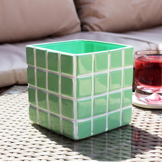 Green Square Checked Tile Plant Pot