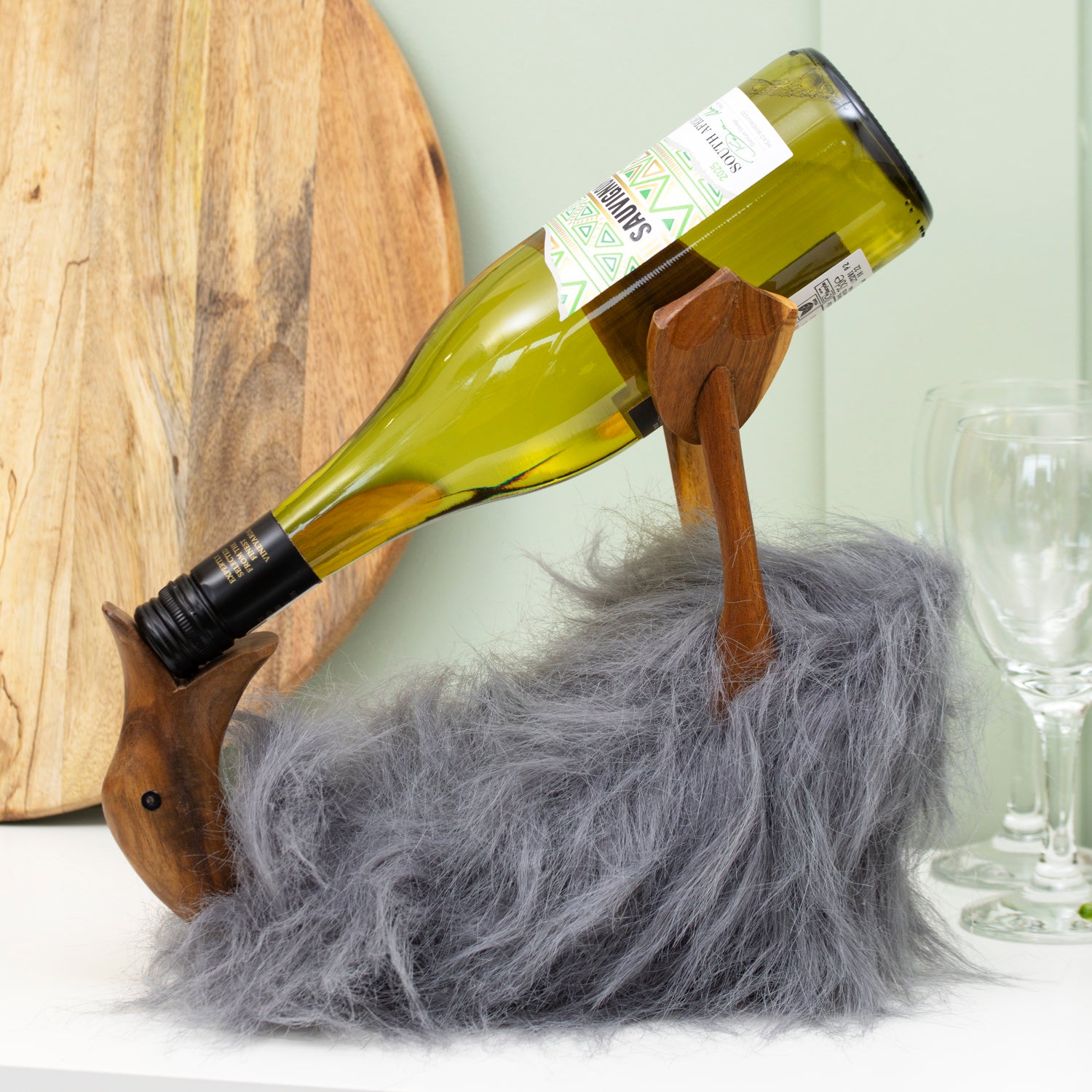 Grey Fluffy Drunken Duck Wine Bottle Holder