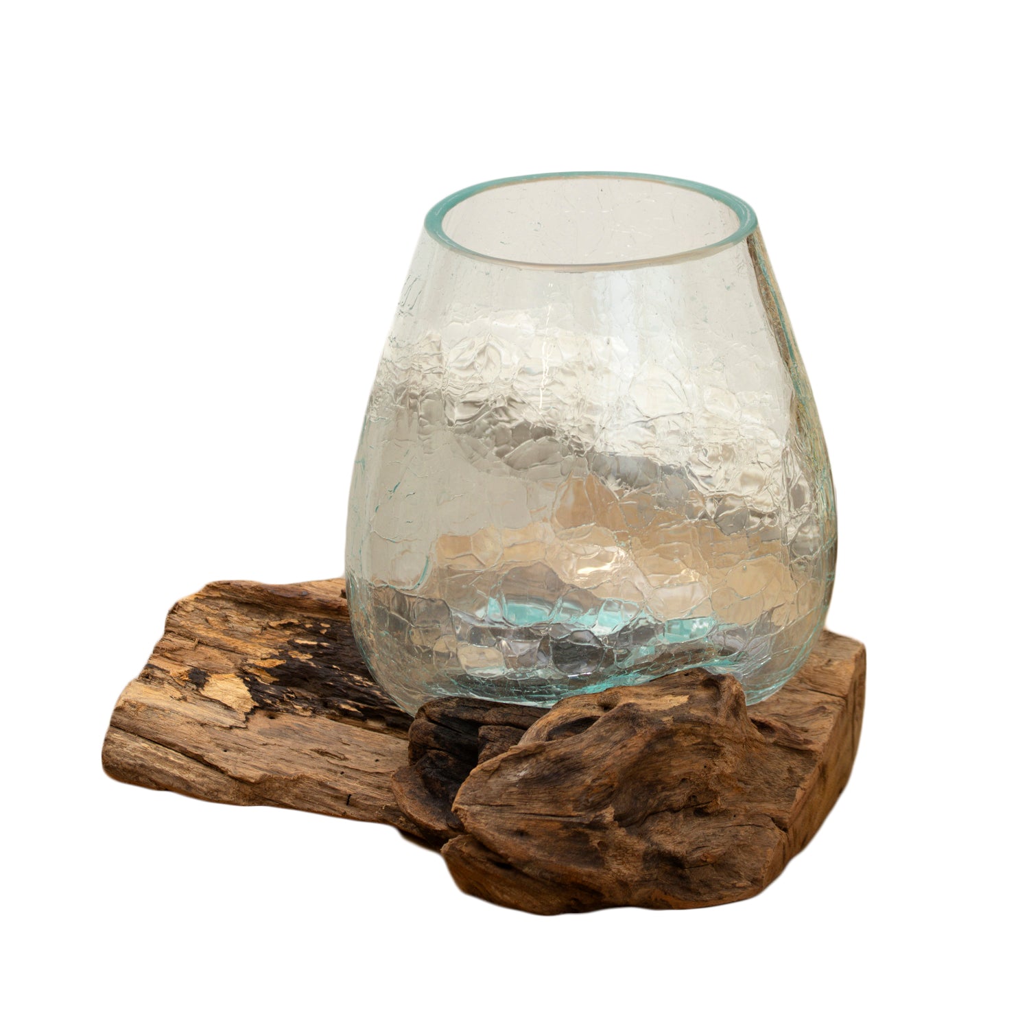 Molten Crackle Glass Bowl On Teak Root Stand