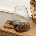 Molten Crackle Glass Bowl On Teak Root Stand