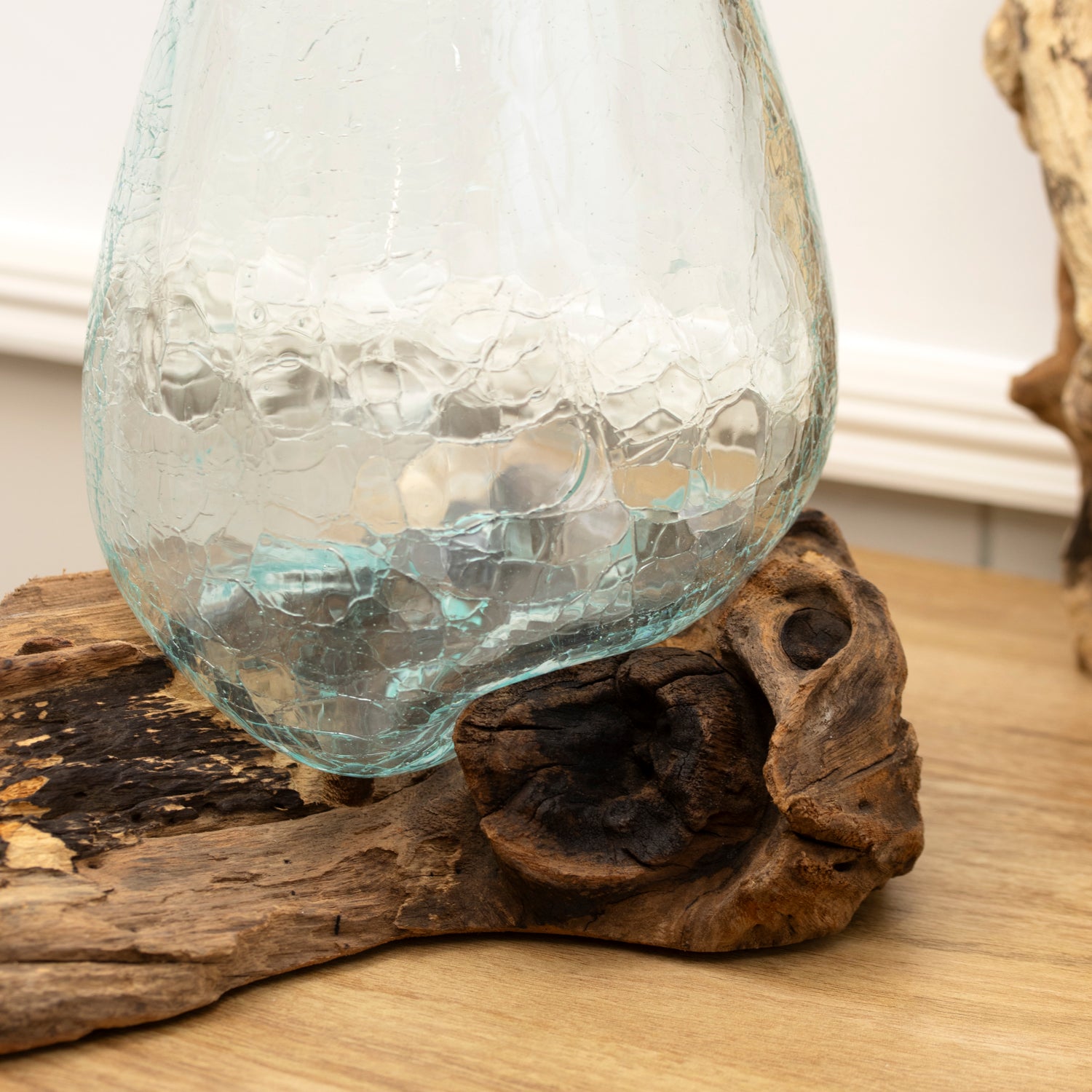 Molten Crackle Glass Bowl On Teak Root Stand
