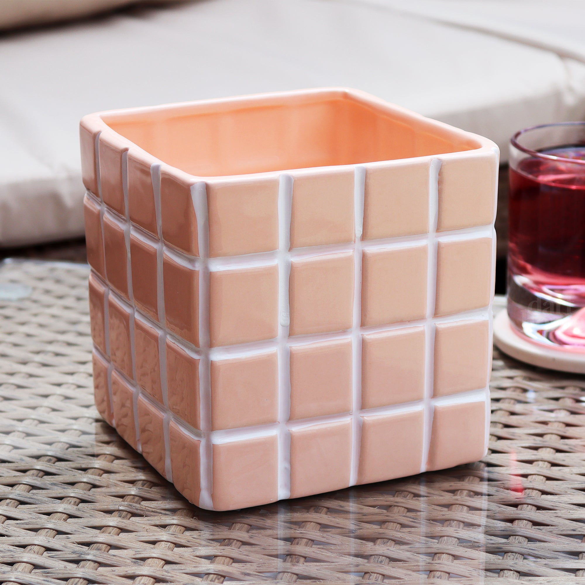 Peach Square Checked Tile Plant Pot