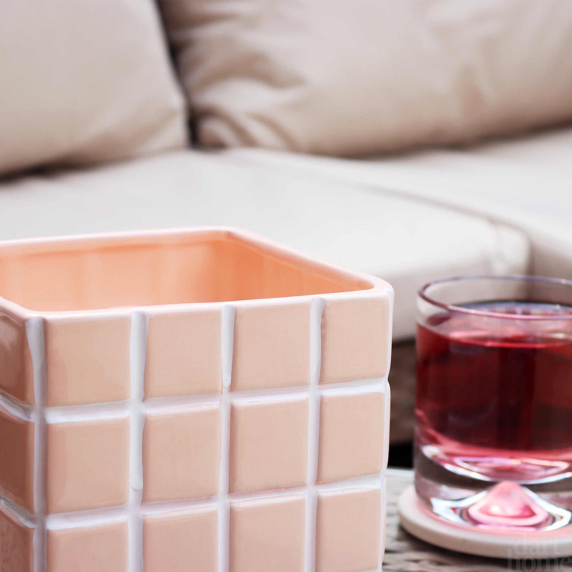 Peach Square Checked Tile Plant Pot
