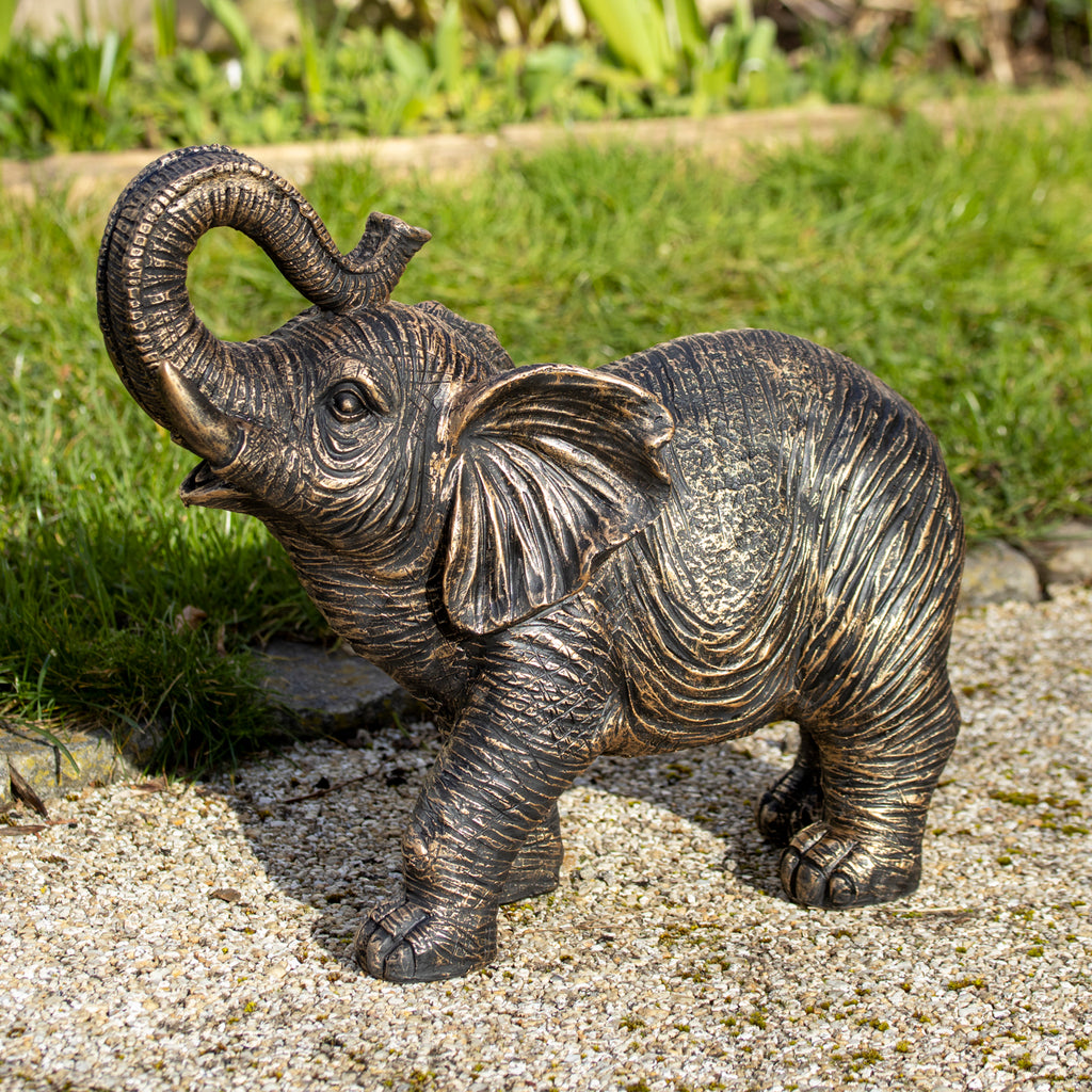 Aged Gold Trunk Up Elephant Garden Sculpture