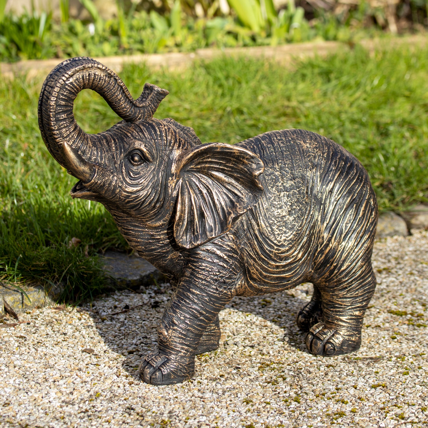 Aged Gold Trunk Up Elephant Garden Sculpture