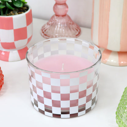 Pink Exotic Flowers Checked Glass Candle