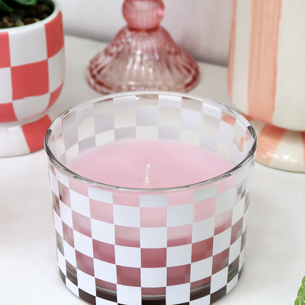 Pink Exotic Flowers Checked Glass Candle