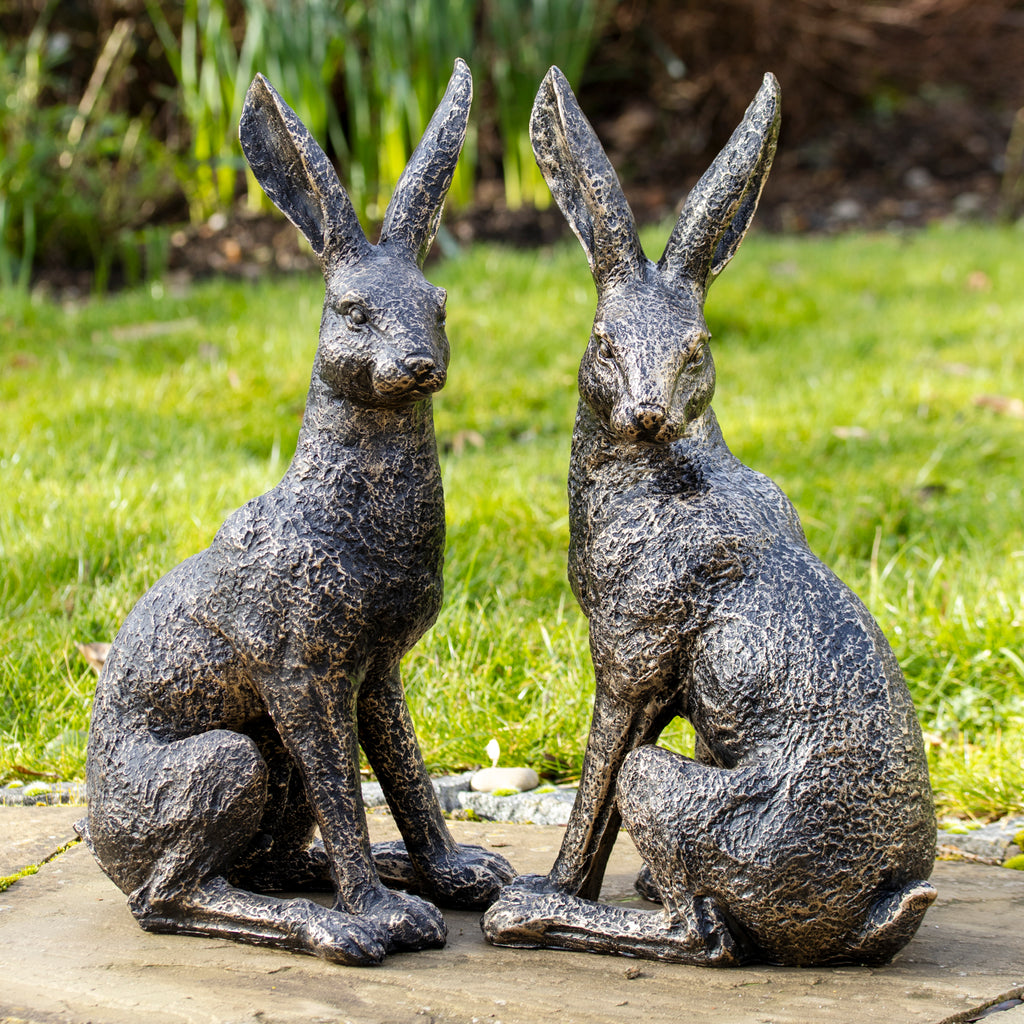 Set Of 2 Aged Gold March Hare Garden Ornaments
