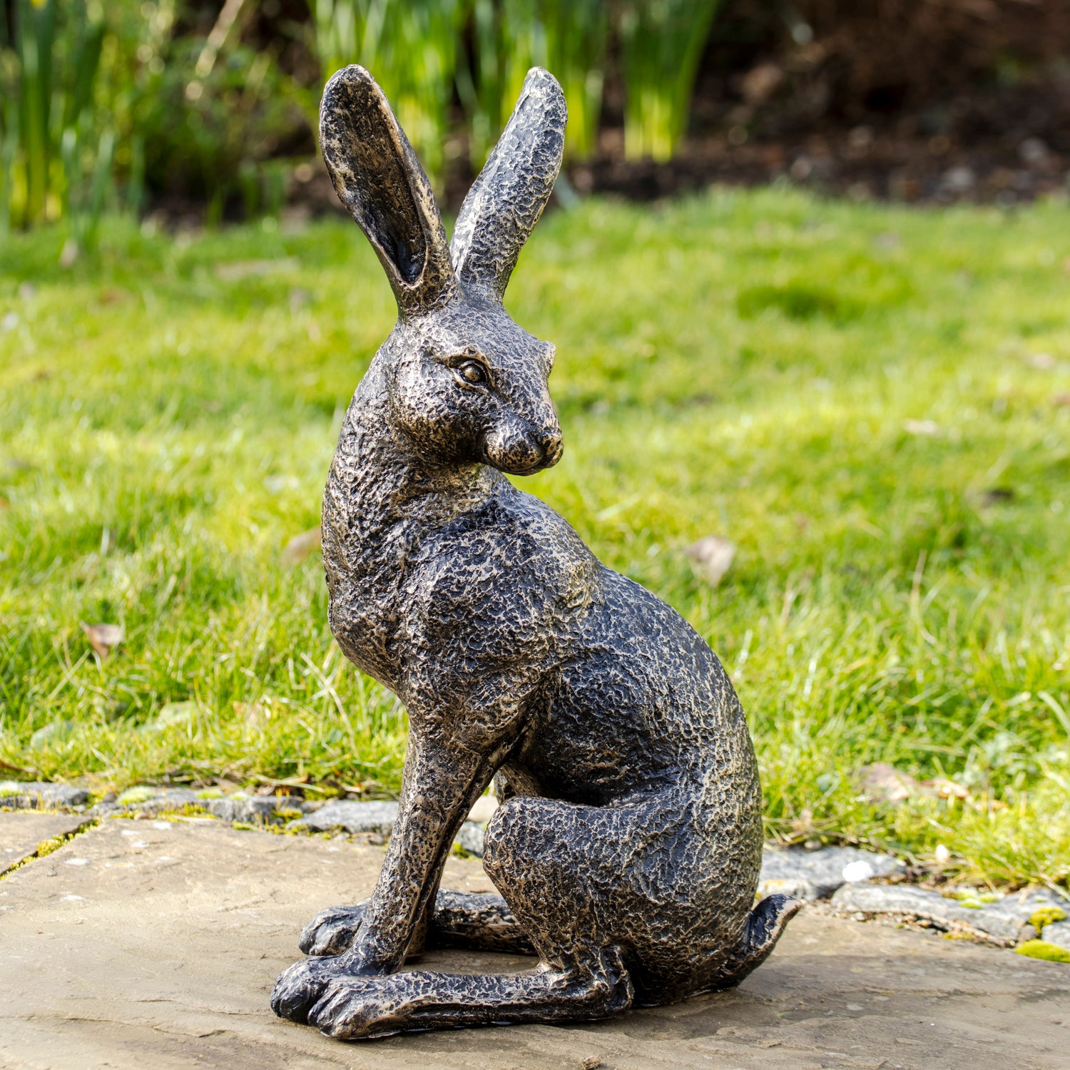 Aged Gold March Hare Garden Ornament - Left Pose