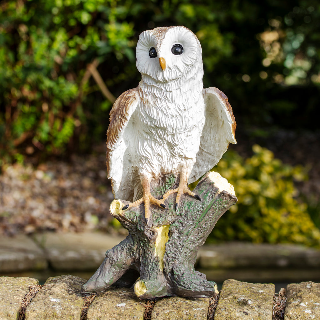 Barn Owl On Wood Perch Garden Ornament